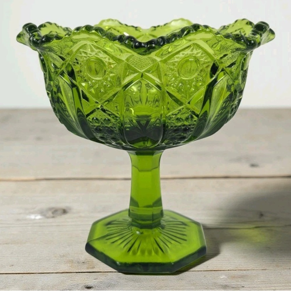 VTG 1920s L E Smith Quintec Green Glass Footed Compote Line #317 Cane/Arch MINT
